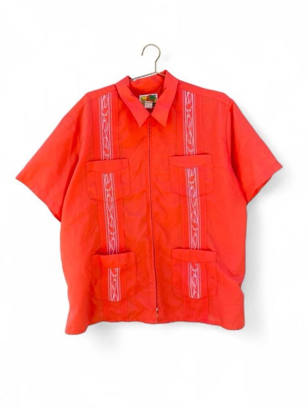 Vintage Haband Guayabera Shirt – Bright Coral Tropical Button-Up (Men’s 2XL)